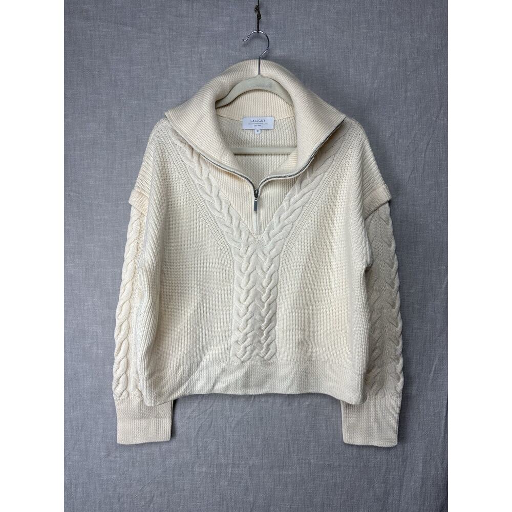 La Ligne Women Sweater Sz M Cream Cable Bastien Merino Wool Quarter Zip